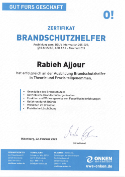 Zertifikat zum Brandschutzhelfer von Rabieh Ajjour